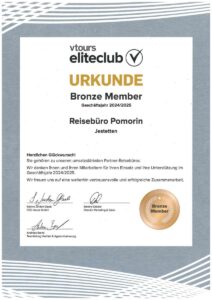 Urkunde des vtours eliteclub: Bronze Member im Geschäftsjahr 2024/2025 für das Reisebüro Pomorin in Jestetten