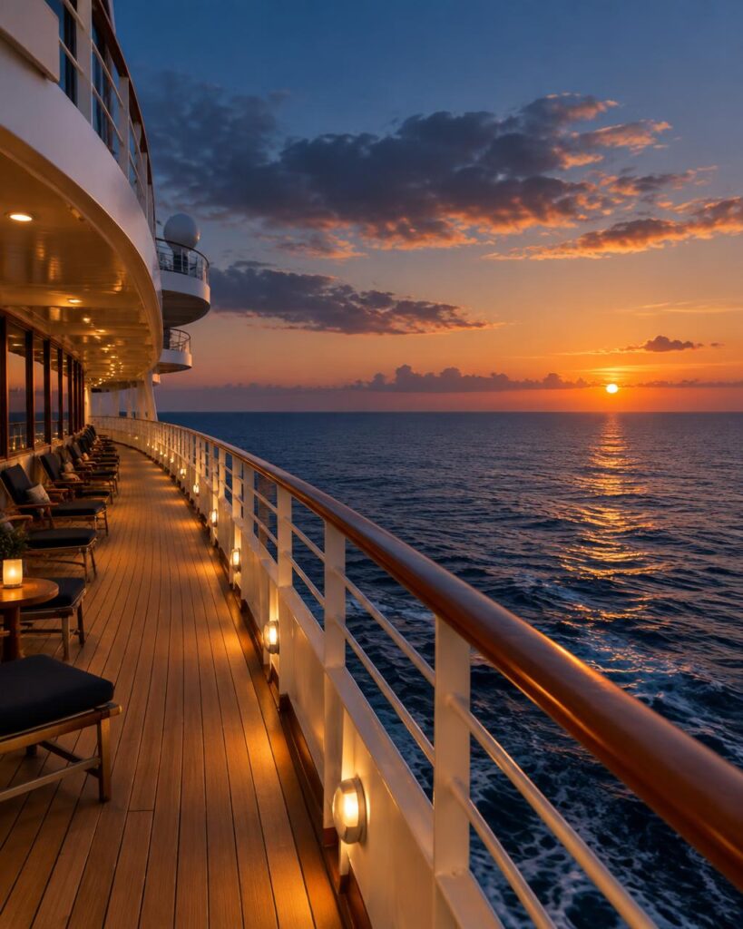 Beleuchtetes Promenadendeck eines Kreuzfahrtschiffs bei Sonnenuntergang auf dem Meer