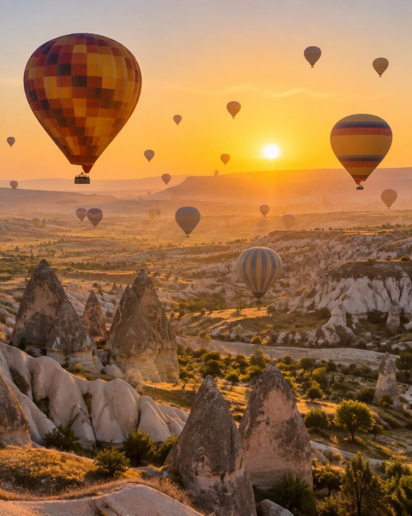 Heißluftballons bei Sonnenaufgang über einer Landschaft mit Felskegeln